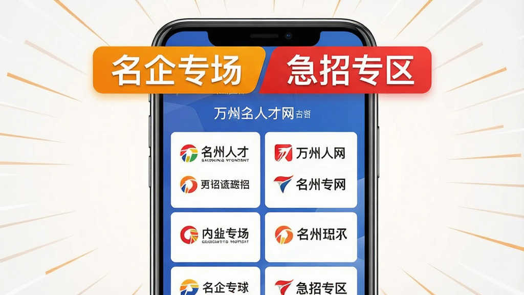 一张展示万州人才网名企专场与急招专区的图片,画面中是一个手机界面,上方有“名企专场”和“急招专区”两个醒目的标签,下方排列着带有企业logo的职位列表,布局采用分栏排版,风格商务且活泼,细节清晰,画质干净,背景有轻微的放射状线条突出紧迫感。