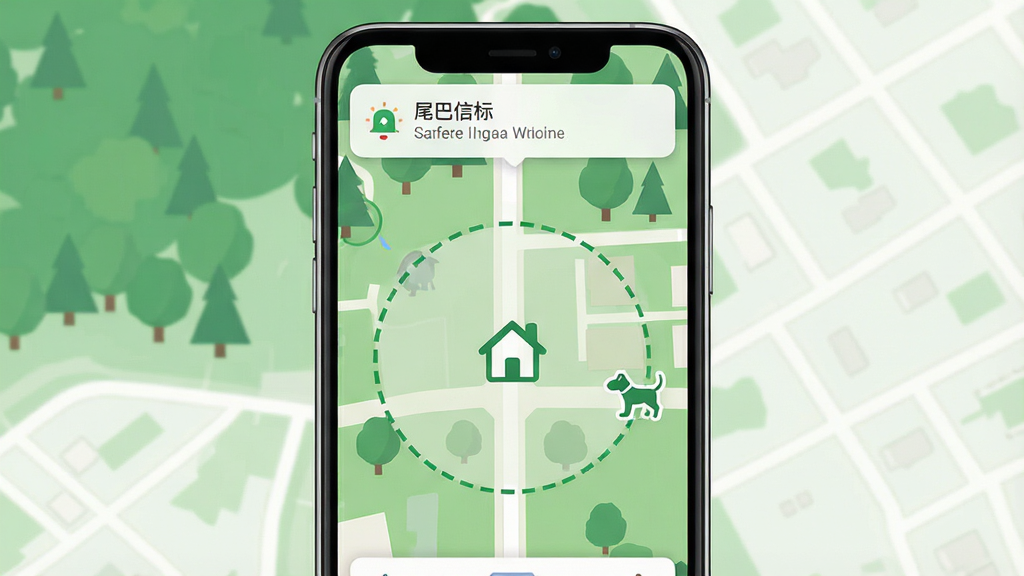一张展示电子围栏设置界面的图片,画面中心是手机屏幕,屏幕内显示地图上有一个虚线圆圈围成的安全区域,圆圈中心有一个房子图标,圆圈边缘有一个宠物图标正在靠近边界,屏幕上方弹出“尾巴信标”的预警通知横幅,整体布局清晰,风格为扁平化设计,色调以绿色和白色为主,画质干净,无多余元素