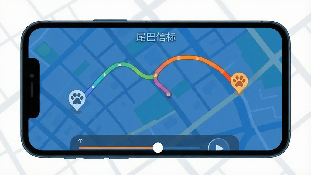 一张展示宠物历史轨迹回放界面的图片,手机屏幕内显示地图上有一条弯曲的彩色轨迹线,轨迹起点和终点分别有爪印标记,屏幕底部有时间轴滑块和播放按钮,屏幕顶部有“尾巴信标”的文字标识,整体风格为现代扁平化,色调以蓝色和橙色为主,画质清晰,无多余元素