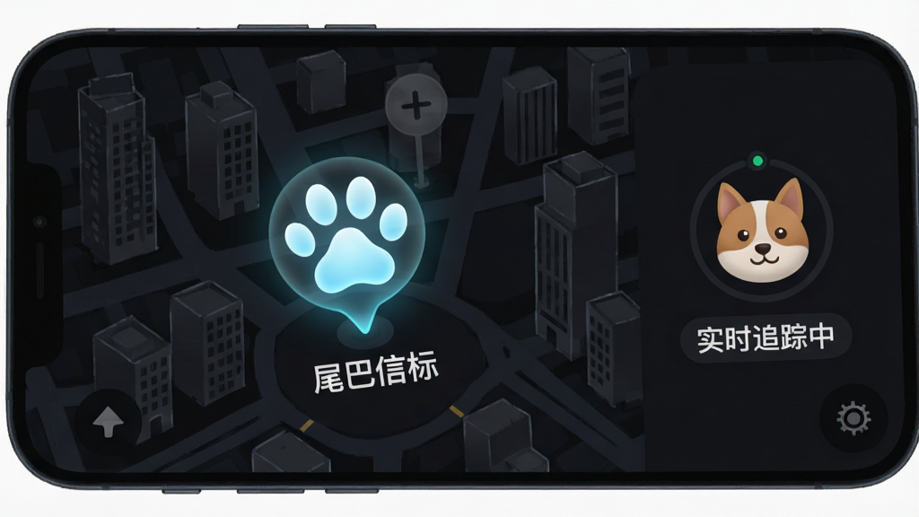 一张展示手机地图界面的图片,地图上有一个发光的宠物爪印标记,标记下方显示“尾巴信标”字样,地图背景是城市街道和建筑轮廓,画面右侧有一个宠物头像和“实时追踪中”的状态标签,整体采用深色模式,风格简洁现代,画质清晰,无多余元素
