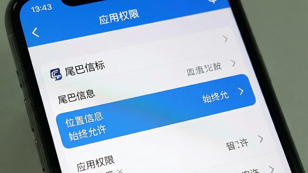 一张展示手机应用权限设置界面的图片,屏幕内显示“尾巴信标”的权限列表,其中“位置信息”权限被高亮标注为“始终允许”,屏幕上方有“应用权限”的标题,整体风格为系统设置界面风格,色调以白色和蓝色为主,画质清晰,无多余元素