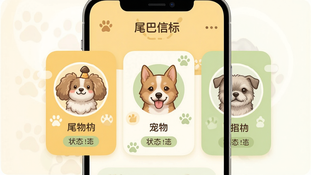一张展示多宠物管理界面的图片,手机屏幕内显示三只不同品种的宠物头像并排排列,每只头像下方有名字和状态标签,屏幕顶部有“尾巴信标”的文字标识,整体布局为卡片式设计,风格为温馨可爱风,色调以暖黄和浅绿为主,画质干净,无多余元素