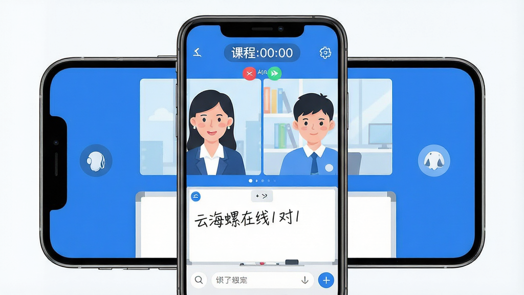 一张展示“云海螺在线1对1”App核心界面的图片,画面中央是手机屏幕,屏幕内显示着一位老师和一位学生正在视频连线,屏幕下方有白板书写区域和聊天输入框,屏幕上方显示课程倒计时,整体布局简洁,主色调为蓝色和白色,风格现代扁平,细节清晰,画质干净无多余元素,文字“云海螺在线1对1”清晰可见。