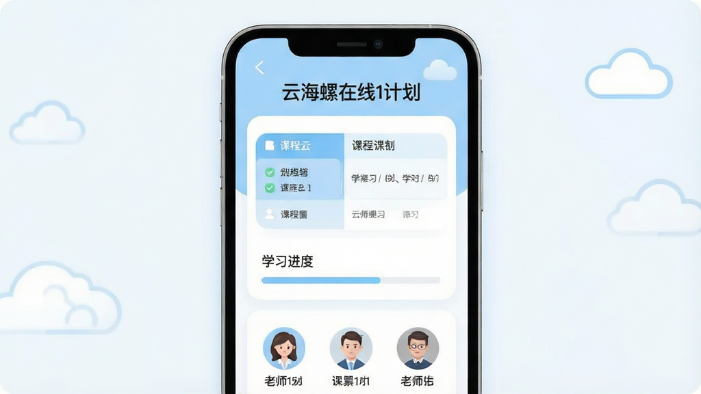 一张展示“云海螺在线1对1”个性化学习计划界面的图片,画面中央是一个手机屏幕,屏幕内显示着课程表、学习进度条和老师头像列表,屏幕上方有“我的学习计划”标题,整体布局清晰,主色调为浅蓝色和白色,风格简洁现代,细节圆润,画质干净无多余元素,文字“云海螺在线1对1”清晰可见。