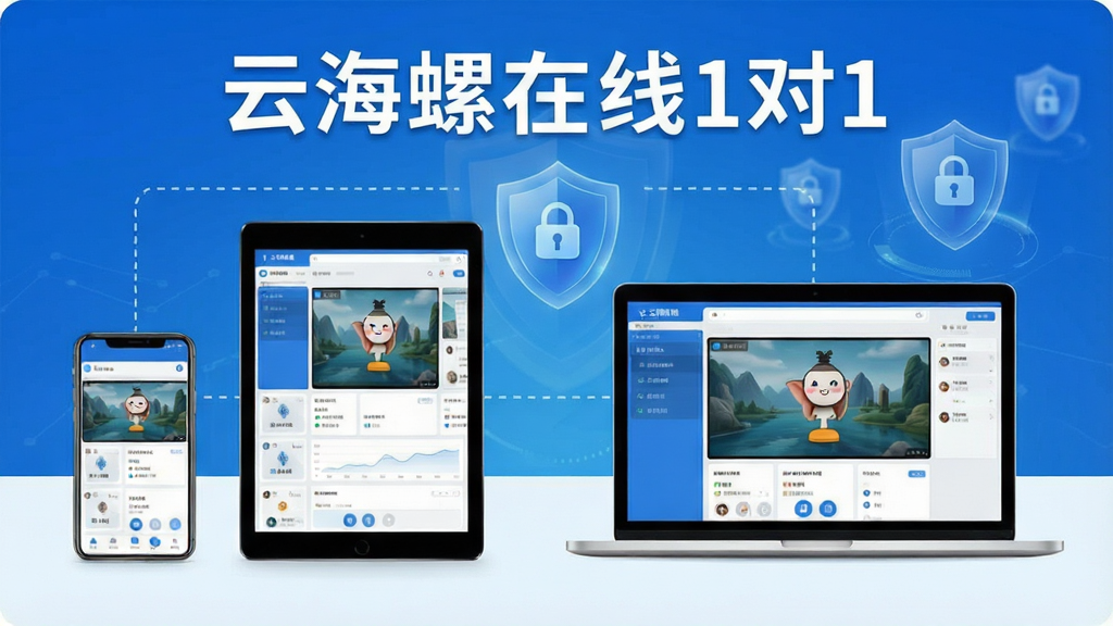 一张展示“云海螺在线1对1”多设备同步和课堂安全功能的图片,画面中同时出现手机、平板和笔记本电脑,三个屏幕上都显示着相同的课程界面,屏幕之间用虚线连接表示同步,背景中有盾牌图标代表安全防护,整体布局清晰,主色调为蓝色和白色,风格科技感十足,细节干净,画质清晰无多余元素,文字“云海螺在线1对1”清晰可见。