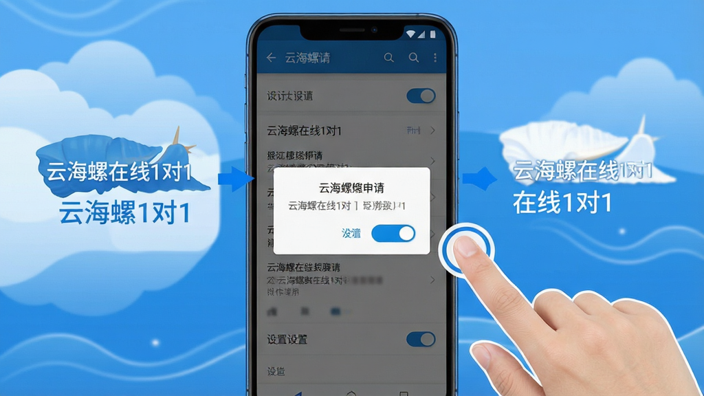 一张展示“云海螺在线1对1”在安卓手机上安装和权限设置步骤的图片,画面中央是一个手机屏幕,屏幕内显示着权限申请弹窗和设置开关,屏幕旁边有手指点击的示意,整体布局清晰,主色调为蓝色和白色,风格简洁明了,细节干净,画质清晰无多余元素,文字“云海螺在线1对1”清晰可见。