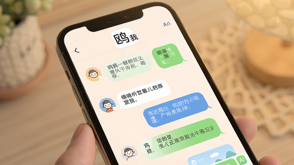 一张展示“鸥我”App对话场景的图片,画面中手机屏幕显示用户与AI正在连续对话,对话气泡中有文字内容,屏幕上方有“鸥我”标识,整体色调柔和,风格温馨,布局突出聊天记录的连贯性,画质干净无多余元素