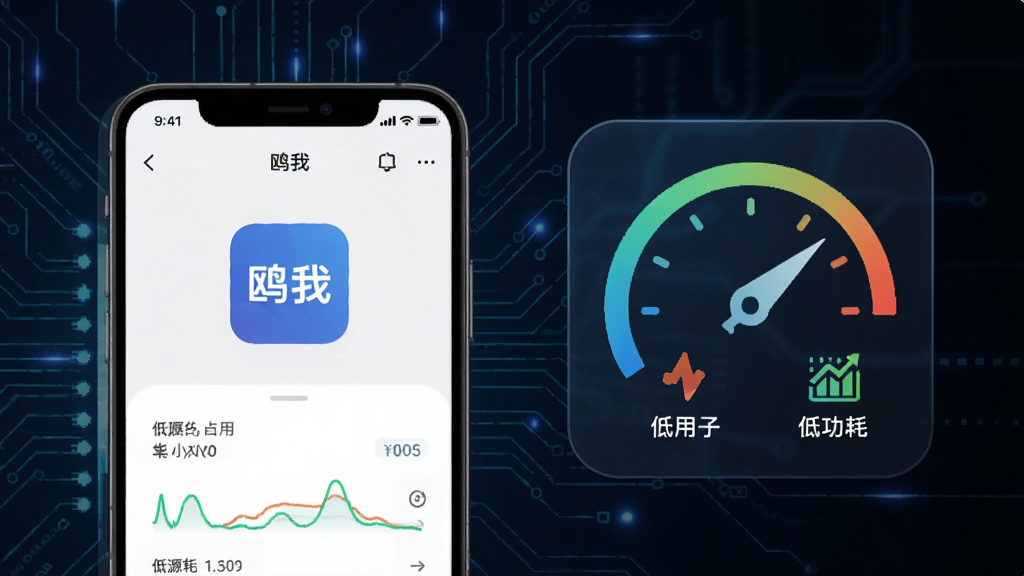 一张展示手机运行“鸥我”App时资源占用情况的示意图,画面中手机屏幕显示“鸥我”界面,旁边有抽象的性能仪表盘图标显示低内存占用和低功耗,背景是科技感线条,风格简洁,布局清晰,画质干净