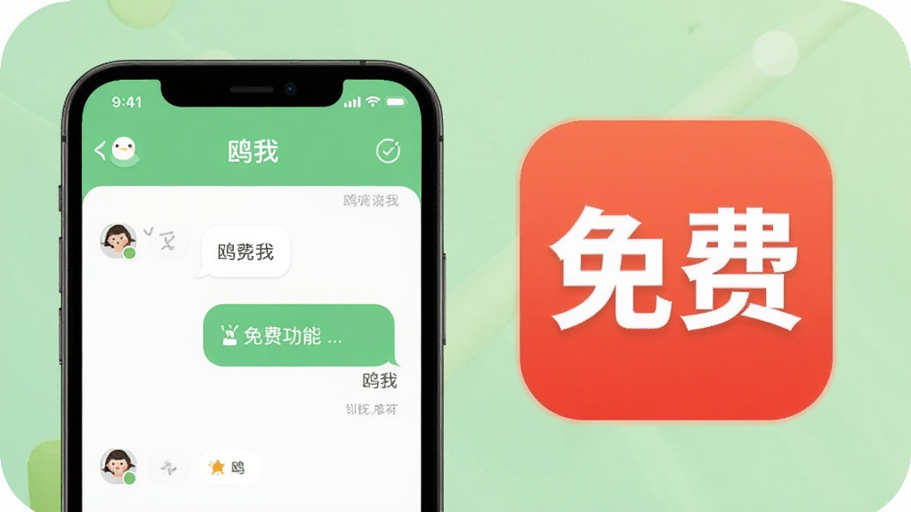 一张展示“鸥我”App免费功能界面的图片,画面中手机屏幕显示“鸥我”对话界面,旁边有一个醒目的“免费”标签图标,背景是柔和的绿色调,风格亲民,布局突出免费使用的特点,画质干净