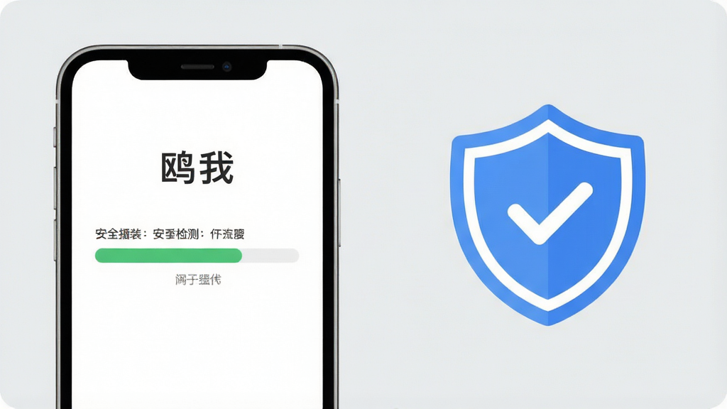 一张展示手机安装“鸥我”App过程的示意图,画面中有手机屏幕显示安装进度条,旁边有盾牌图标代表安全检测,背景是浅灰色,风格简洁,布局清晰,画质干净