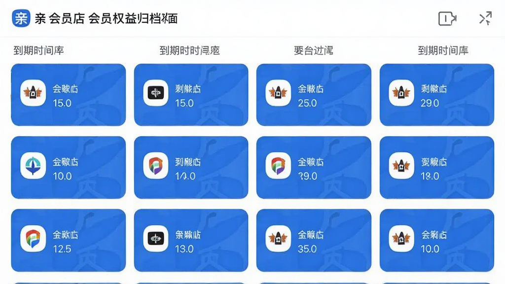 亲作会员店 会员权益归档界面 展示多个平台会员卡片列表 按到期时间排序 每张卡片显示平台图标和剩余天数 蓝白主色调 扁平化设计 布局清晰 画质干净