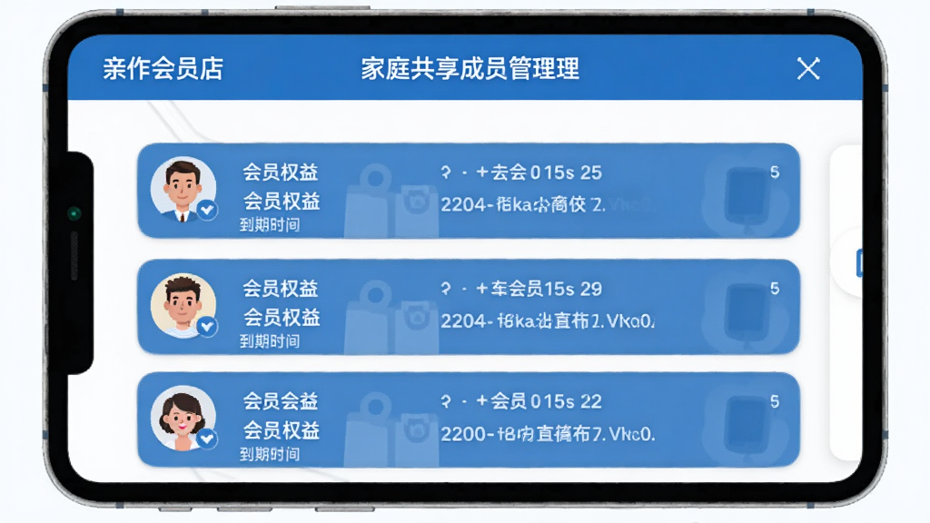亲作会员店 家庭共享成员管理界面 展示成员头像和对应会员权益列表 每个成员下方标注到期时间 界面温馨简洁 蓝白配色 扁平化设计 画质干净无多余元素