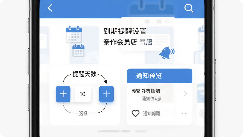 亲作会员店 到期提醒设置界面 展示提醒天数选择器和通知预览 界面中有日历图标和铃铛图标 蓝白配色 扁平化风格 布局简洁 画质清晰