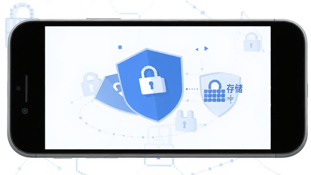 亲作会员店 数据安全本地存储示意图 手机屏幕显示盾牌图标和本地存储字样 背景为数据加密图案 蓝白配色 扁平化风格 简洁干净 画质清晰