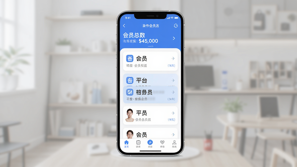 亲作会员店 手机应用主界面 展示会员权益管理功能 清爽简洁的列表布局 顶部显示会员总数 中间为各平台会员卡片 底部导航栏 现代扁平化设计风格 蓝白配色 界面干净无广告 画质清晰 细节圆润 无多余元素