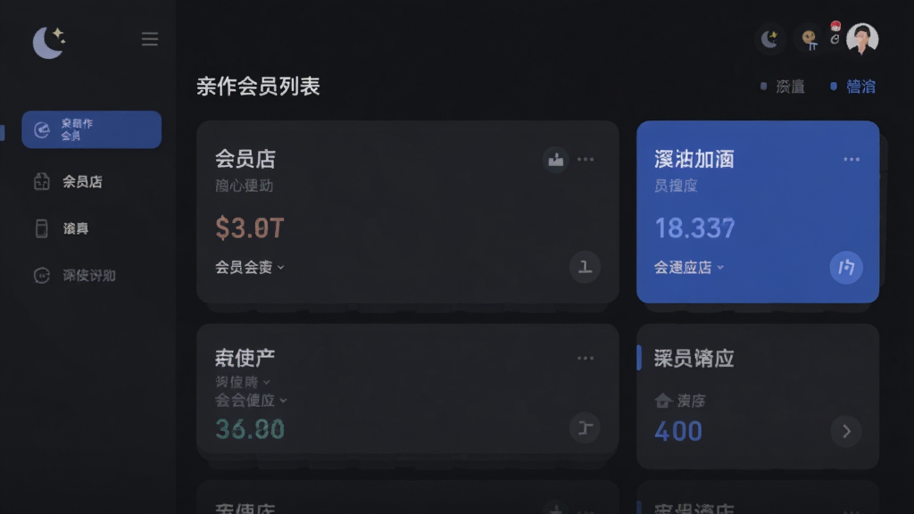 亲作会员店 深色模式界面 展示深色背景下的会员列表 文字清晰 卡片层次分明 深灰与蓝色搭配 扁平化设计 夜间护眼风格 画质干净