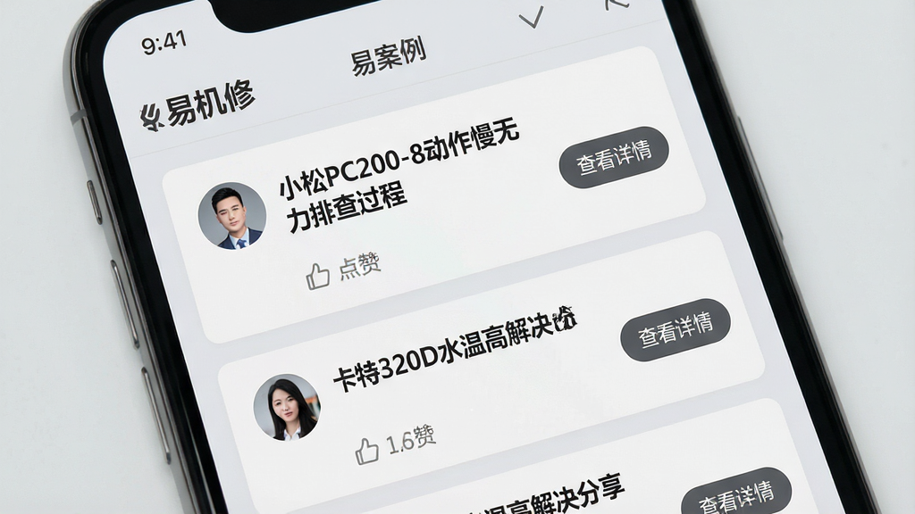 一张展示手机应用界面的图片,手机屏幕上是“易机修”的维修案例列表页,每个案例卡片上写着标题如“小松PC200-8动作慢无力排查过程”、“卡特320D水温高解决分享”,卡片左侧有用户头像和点赞数,右侧有“查看详情”按钮,界面背景为浅灰色,文字为深灰色,风格社交化且清爽,画质干净,无多余元素。
