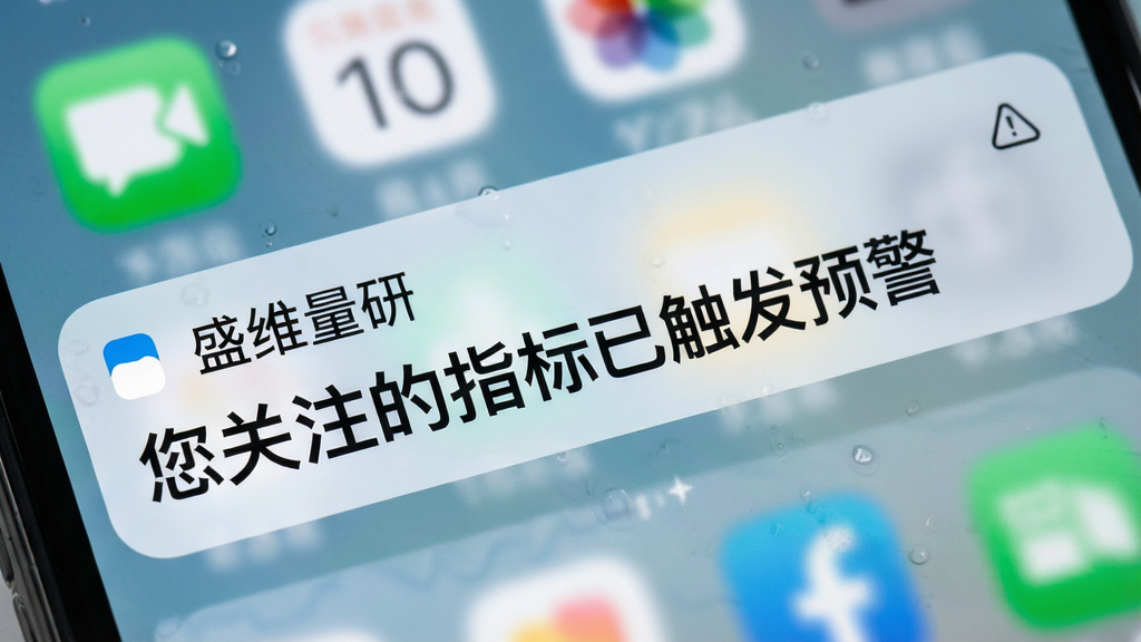 一张手机通知栏特写画面,通知栏显示“盛维量研”的预警提示信息,文字内容为“您关注的指标已触发预警”,背景是手机桌面,风格简洁明了,画质清晰,文字醒目,无多余元素