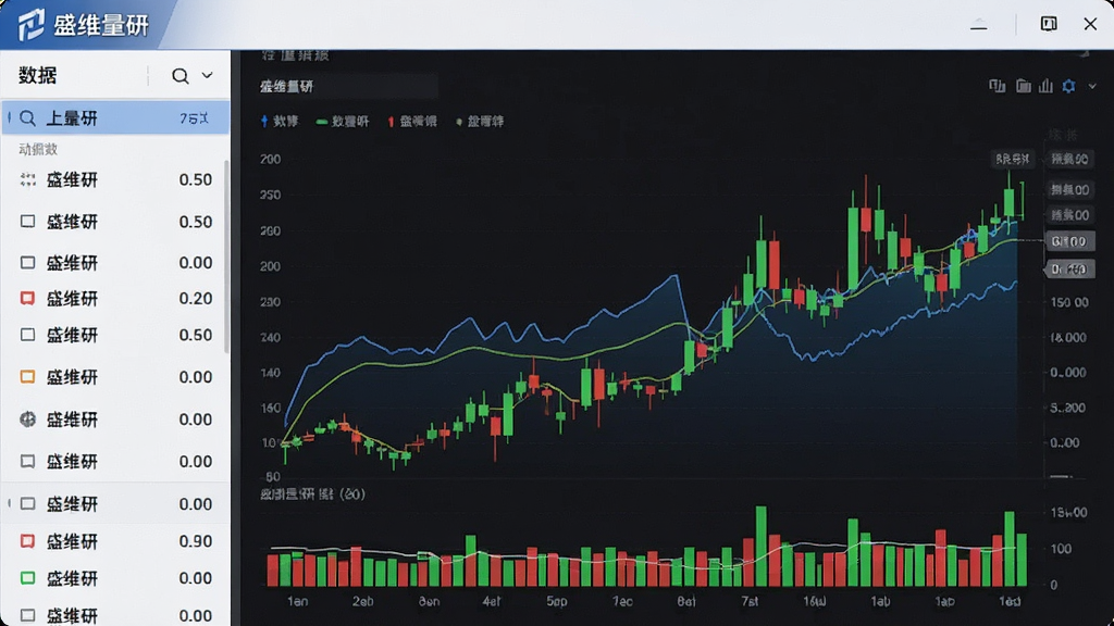 一张“盛维量研”应用的功能界面截图,画面中展示了丰富的数据图表,包括动态的折线图和红绿相间的K线图,界面布局清晰,左侧是数据列表,右侧是图表展示区,风格专业且简洁,画质清晰,无多余元素