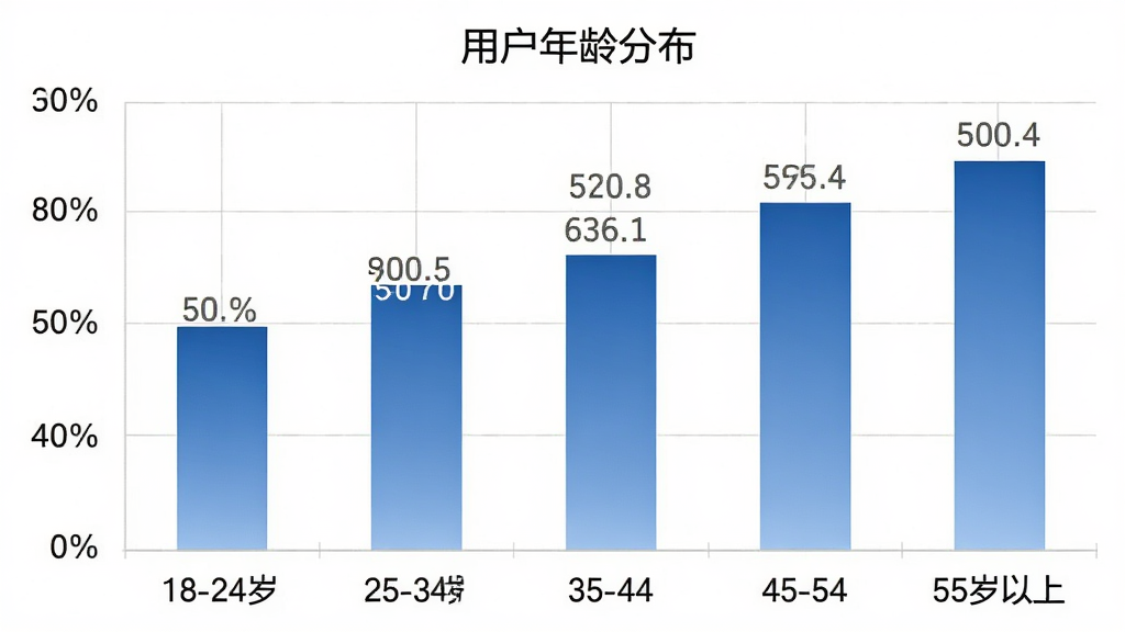 一张柱状图,展示优享丽州用户年龄分布,横轴为年龄段18-24岁、25-34岁、35-44岁、45-54岁、55岁以上,纵轴为用户占比百分比,柱体颜色为蓝色渐变,图表标题为“用户年龄分布”,背景为白色,网格线浅灰色,数据标签清晰,风格简洁专业,画质干净