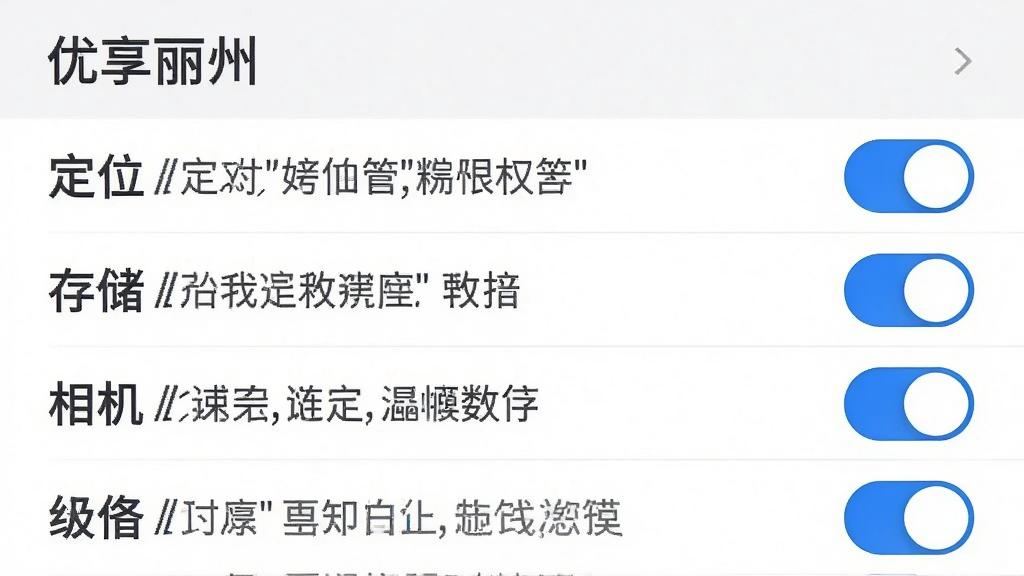一张手机权限管理界面截图,展示“优享丽州”的权限列表,定位、存储、相机等权限旁边有明确的用途说明文字,界面背景为白色,文字为深灰色,开关按钮为蓝色,整体风格严谨清晰,画质干净无杂乱元素