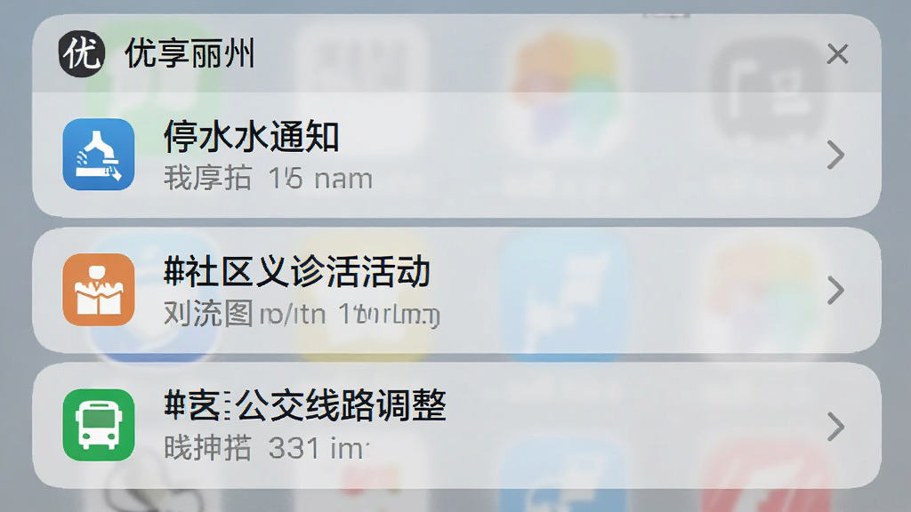 一张手机通知中心截图,显示“优享丽州”推送的三条通知,分别是“停水通知”“社区义诊活动”“公交线路调整”,每条通知左侧有对应的小图标,整体布局清爽,背景为浅灰色,文字清晰易读,风格简洁现代,画质干净