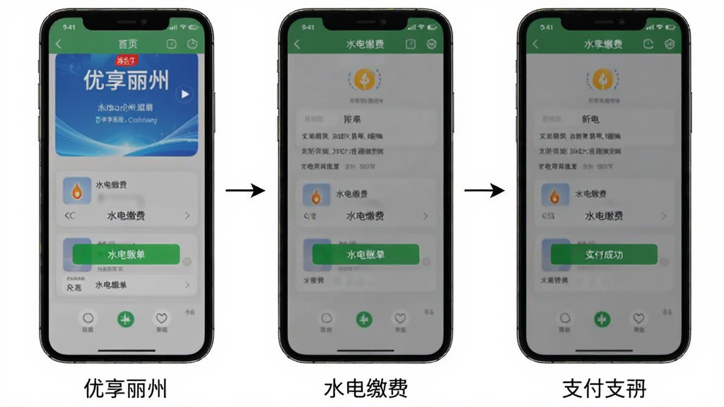 一张手机操作流程图,展示“优享丽州”从首页点击“水电缴费”到选择账单再到支付成功的三个步骤截图,每张截图下方有简短文字标注,整体排版横向排列,背景为白色,箭头连接清晰,风格简约直观,画质高清