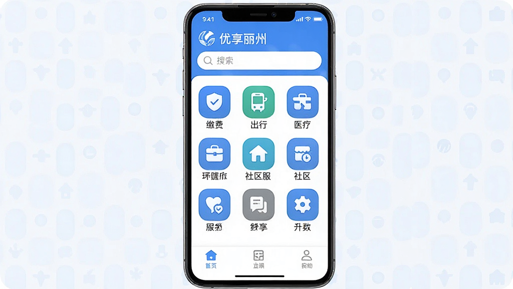 一张手机应用界面截图,画面中央是“优享丽州”App的主页,顶部显示城市名称和搜索框,中间是九宫格功能图标,包含缴费、出行、医疗、社区服务等,底部有三个导航标签,整体采用蓝白配色,图标圆润清晰,背景干净明亮,风格现代扁平化,画质高清无多余元素