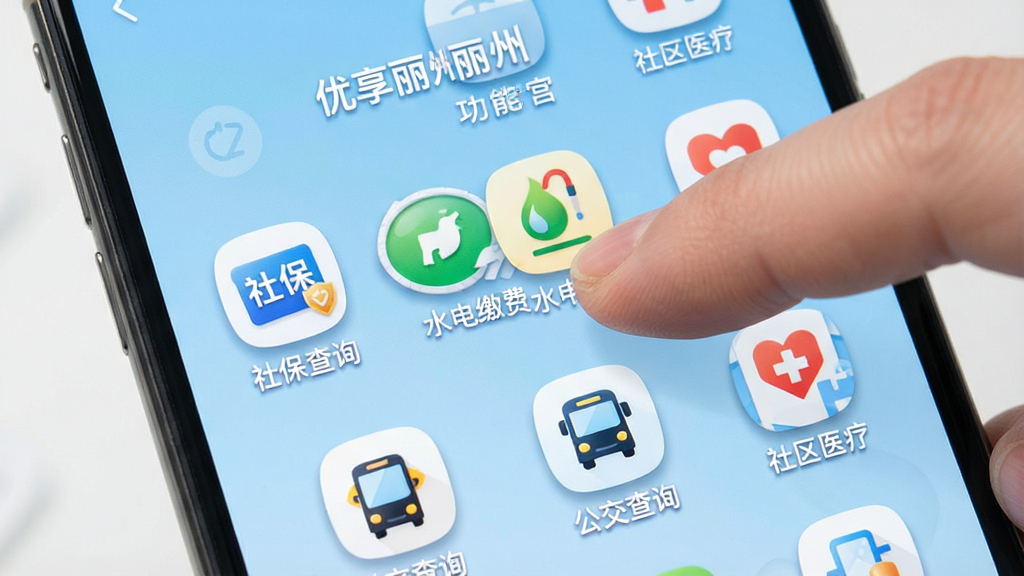 一张手机屏幕特写图,展示“优享丽州”的功能宫格编辑界面,用户手指正长按一个图标进行拖动排序,图标包含“社保查询”“水电缴费”“公交查询”“社区医疗”等,背景是浅蓝色渐变,图标带有轻微投影,画面干净整洁,风格简洁明快,画质清晰