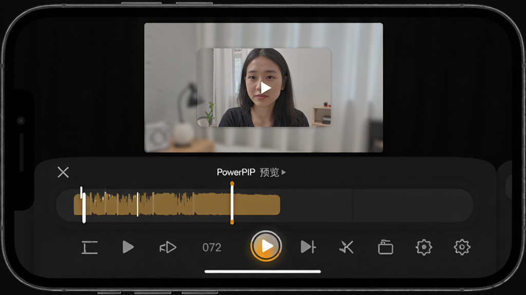 PowerPIP实时预览功能展示,手机屏幕上半部分是视频预览窗口,正在播放画中画效果,下半部分是时间轴和工具栏,界面以深色为主,播放按钮为亮色,布局清晰,风格现代,细节圆润,画质干净,无多余元素