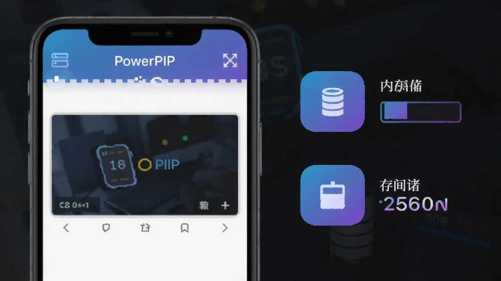 PowerPIP轻量运行示意图,一部手机屏幕显示PowerPIP编辑界面,旁边有内存占用和存储空间的图标示意,画面以深色背景为主,图标为蓝紫色渐变,布局简洁,风格扁平化,细节清晰,画质干净,无多余元素