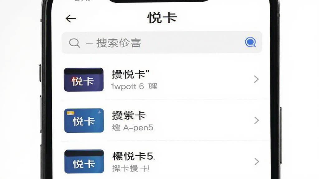 手机界面截图,展示“悦卡”应用的搜索功能,搜索框位于顶部,下方列出多条匹配结果,每条结果前有对应的卡片图标,背景为白色,文字清晰,整体风格清爽,画质干净无多余元素