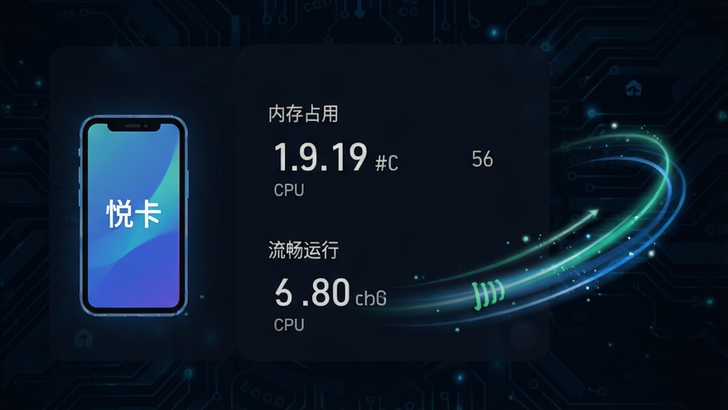一张手机性能监控界面的示意图,显示“悦卡”应用的内存占用和CPU占用数据都很低,旁边有手机图标和流畅运行的动态线条,背景为深色科技风格,画质清晰,数据标注明确