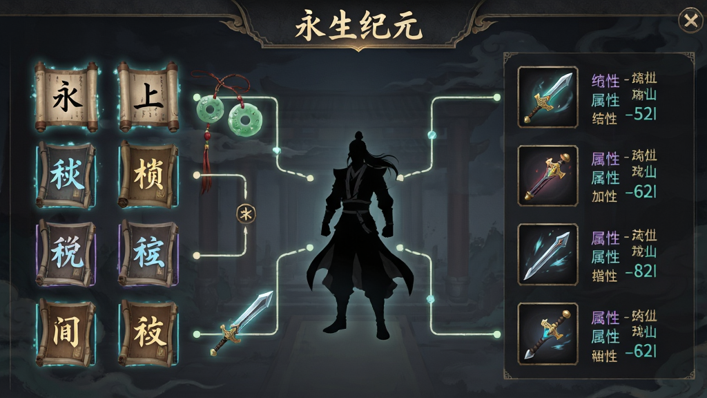展示“永生纪元”功法与法宝搭配界面,画面分为左右两栏,左侧列出多种功法秘籍图标,右侧展示法宝栏位与属性加成,中间有角色剪影与连线搭配示意,布局清晰,风格为国风仙侠,细节包含卷轴、玉佩、飞剑等元素,画质干净无多余元素