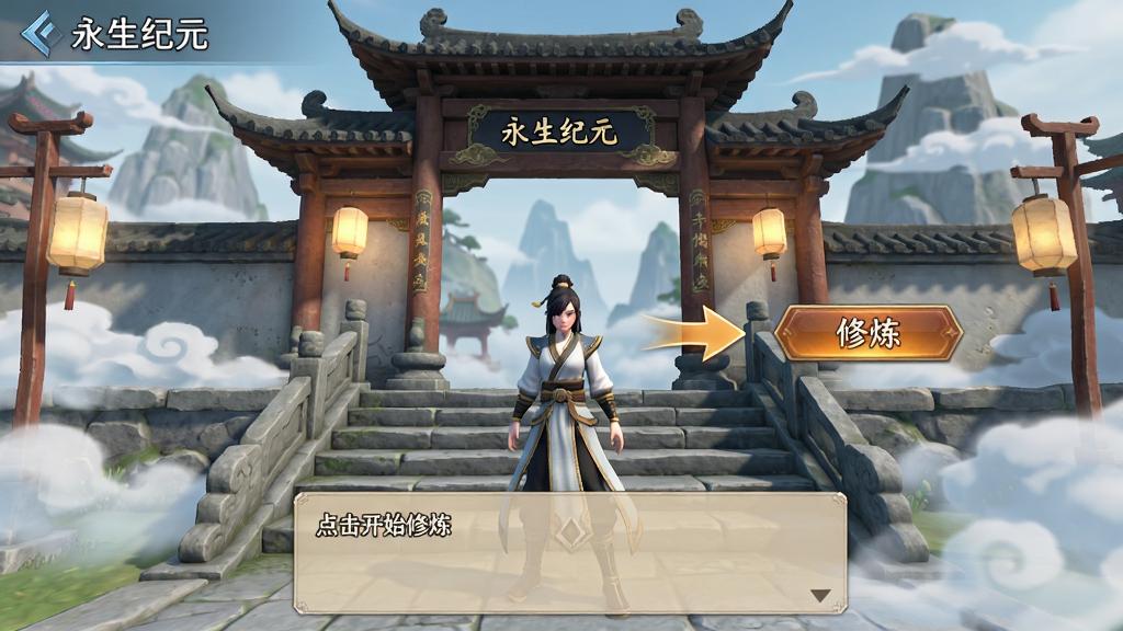 展示“永生纪元”游戏内新手引导界面,画面中央是角色站在仙侠风格的山门前,旁边有引导箭头指向“修炼”按钮,界面下方有对话框提示“点击开始修炼”,布局简洁,风格为国风仙侠,细节有石阶、灯笼与云雾,画质干净无多余元素