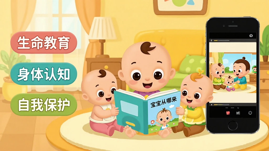 一张横版应用宣传图,画面中央是卡通风格的宝宝巴士家族角色围坐在一起看绘本,绘本封面写着「宝宝从哪来」,背景是温馨的暖黄色客厅场景,左侧有「生命教育」「身体认知」「自我保护」三个圆角标签,右侧展示手机屏幕里播放着动画短片,整体布局左文右图,风格是扁平卡通插画,细节圆润柔和,画质干净明亮无多余元素