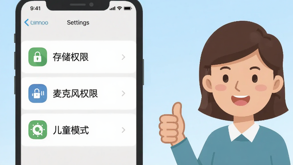 一张横版操作指引图,画面左侧是手机设置界面的截图风格,标注了「存储权限」「麦克风权限」「儿童模式」三个图标,右侧是一个卡通家长形象竖起大拇指,背景是浅蓝色渐变,布局左图右人,风格是扁平UI插画,细节简洁明了,画质干净无多余元素