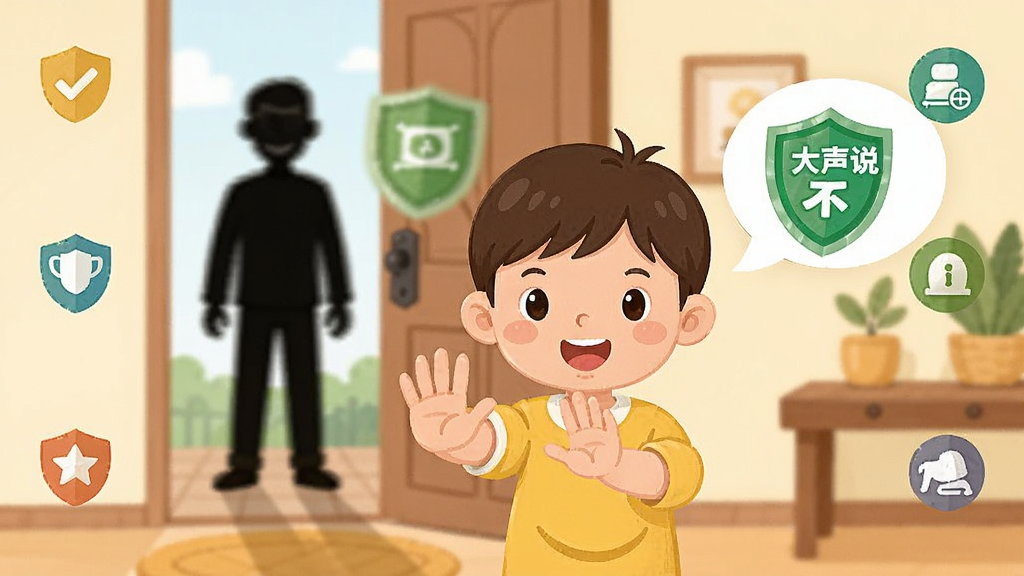 一张横版功能场景图,画面是一个卡通小朋友站在门口,门外有一个模糊的陌生人剪影,小朋友双手做出拒绝的姿势,旁边有绿色盾牌图标和「大声说不」的文字气泡,背景是家庭玄关场景,布局中间是主体人物,四周环绕安全提示图标,风格是扁平卡通插画,细节清晰,画质干净无多余元素