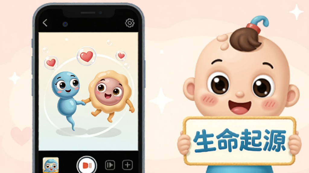 一张横版功能展示图,画面左侧是手机播放动画的界面,动画里有一个卡通精子细胞和卵子细胞手拉手转圈圈,旁边有爱心气泡,右侧是宝宝巴士卡通形象举着「生命起源」的牌子,背景是浅粉色的温馨色调,布局左屏右角色,风格是可爱卡通插画,细节圆润可爱,画质干净无多余元素