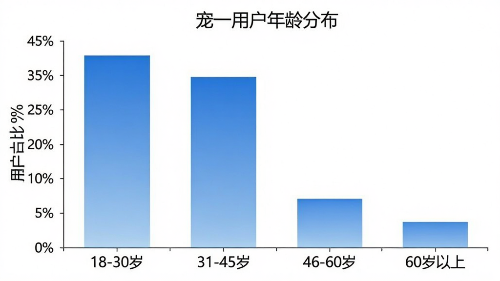 一张柱状图,横轴是年龄区间“18-30岁”、“31-45岁”、“46-60岁”、“60岁以上”,纵轴是用户占比百分比,柱子高度分别显示45%、35%、15%、5%,图表标题为“宠一用户年龄分布”,风格简洁明了,颜色为蓝色渐变,画质干净,无多余元素。