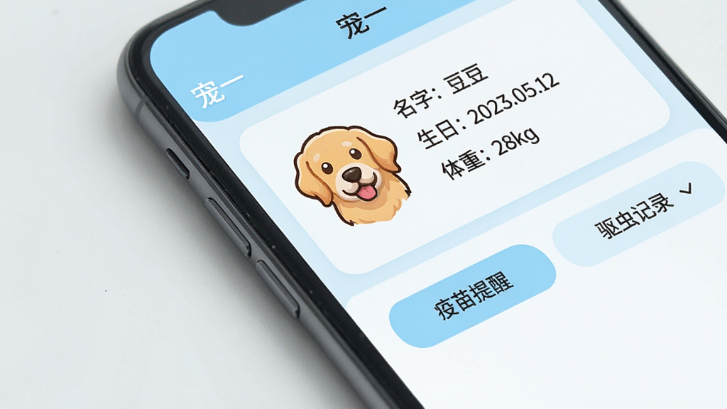 手机屏幕特写,显示“宠一”应用中的宠物档案页面,页面上有一只金毛犬的卡通头像,旁边列有“名字:豆豆”、“生日:2023.05.12”、“体重:28kg”等信息,下方有“疫苗提醒”和“驱虫记录”按钮,界面设计简洁,以浅蓝色和白色为主,风格清新,画质干净,无多余元素。