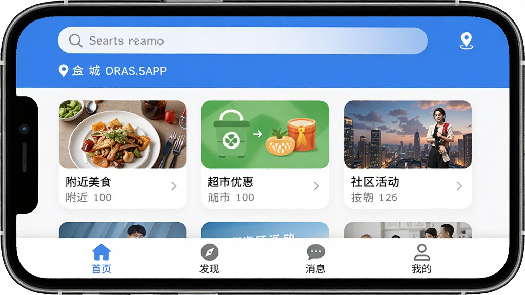 银河港生活APP首页界面截图,手机屏幕显示,顶部是搜索栏和定位城市,中间是卡片式布局,展示附近美食、超市优惠、社区活动等模块,底部是首页、发现、消息、我的四个导航图标,界面以蓝白色调为主,风格简洁现代,画质清晰干净,无多余元素