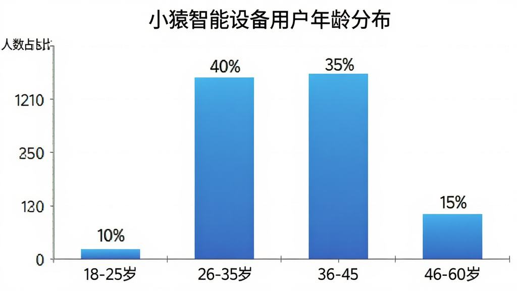 一张柱状图展示小猿智能设备用户年龄分布,横轴标注18-25岁、26-35岁、36-45岁、46-60岁四个年龄段,纵轴显示人数占比分别为10%、40%、35%、15%,颜色采用蓝色渐变,风格简洁专业,画质清晰,数据标注明确,无多余装饰。