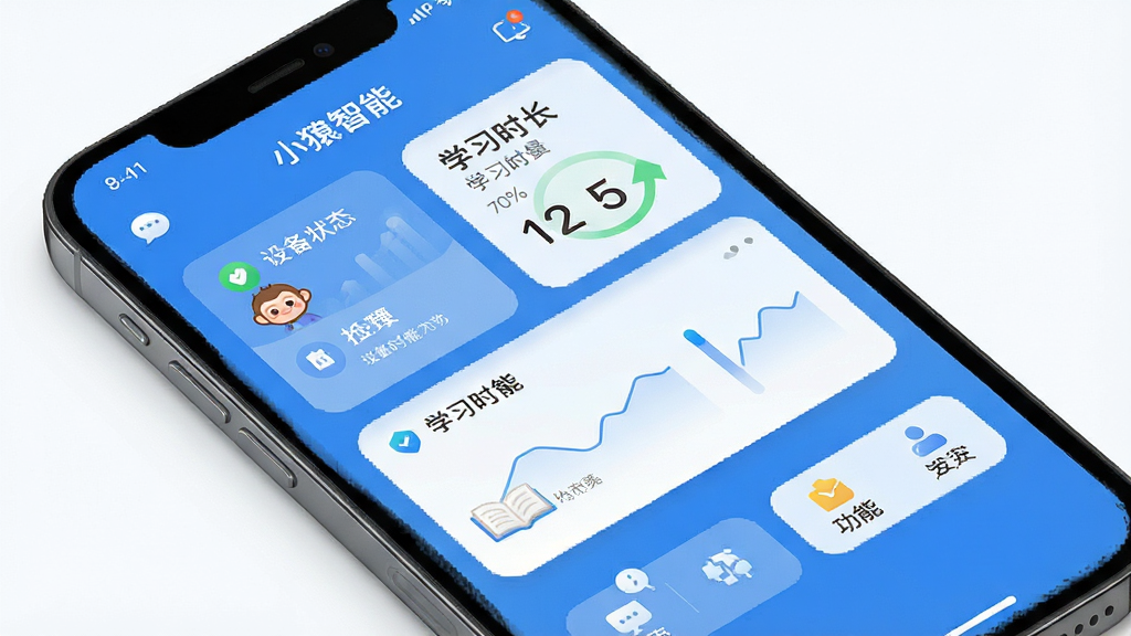 一张展示小猿智能设备家长端APP核心界面的图片,主体是一台智能手机屏幕显示着简洁的蓝色调管理面板,布局包含设备状态卡片、学习时长统计和功能入口按钮,排版清晰有序,风格现代扁平化,细节处有圆润的图标和清晰的文字标签,画质干净明亮,无多余元素干扰。