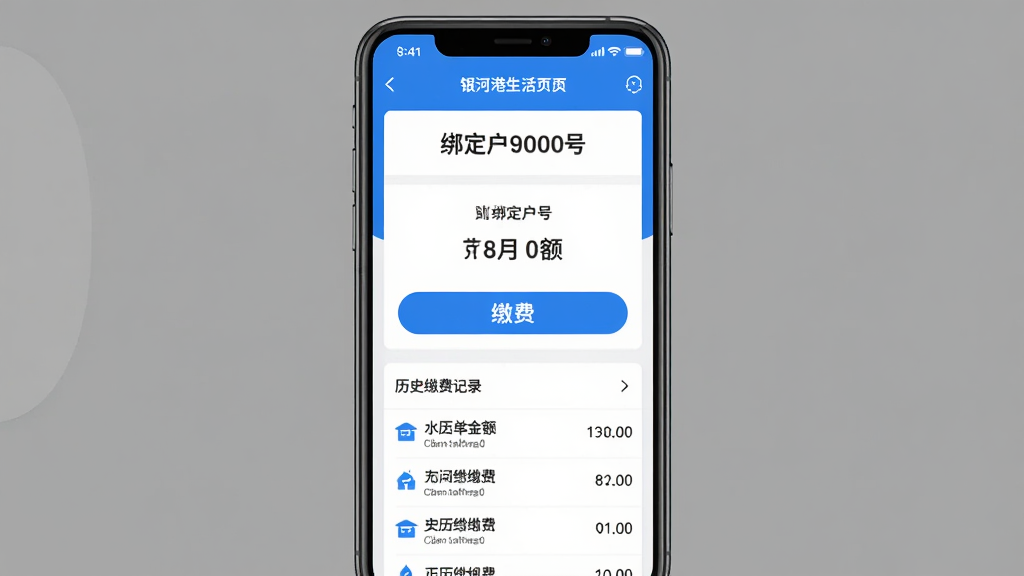 银河港生活APP生活缴费页面,手机屏幕显示水电燃气费缴纳界面,顶部显示当前绑定户号,中间是账单金额和缴费按钮,下方是历史缴费记录列表,界面以白色和蓝色为主,风格扁平化,画质清晰干净,无多余元素