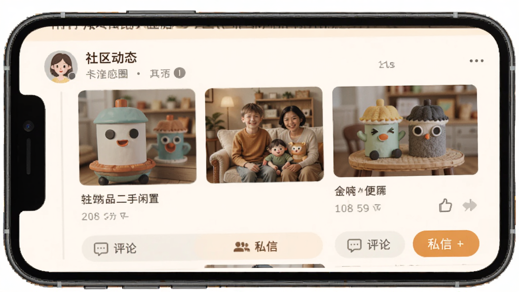 银河港生活APP邻里圈页面,手机屏幕显示社区动态列表,包含用户发布的二手闲置物品图片和文字描述,下方有评论和私信按钮,界面以暖色调为主,风格温馨亲切,画质干净无多余元素