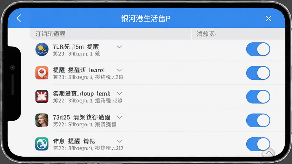 银河港生活APP消息通知设置页面,手机屏幕显示订阅管理界面,列表展示已订阅的各类提醒选项,旁边有开关按钮,界面以浅灰色和蓝色为主,风格简约,画质清晰干净,无多余元素