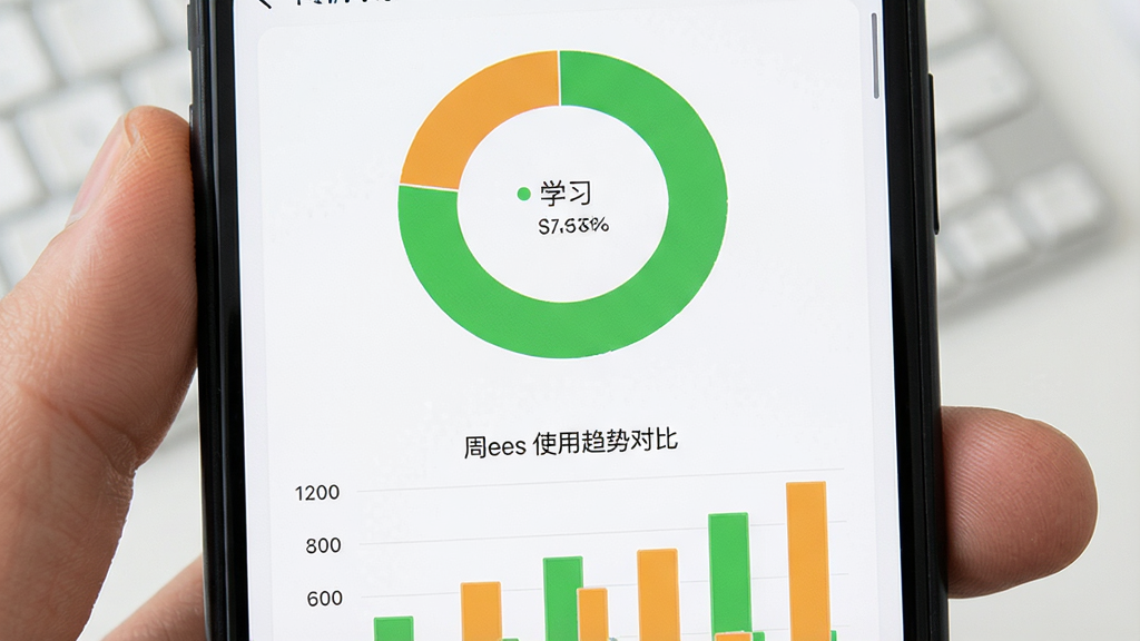 一张展示学习数据报告的手机截图,画面中有一个圆环图表显示不同类别应用的时间占比,绿色代表学习,橙色代表娱乐,下方有简洁的柱状图对比一周使用趋势,整体风格清新明快,文字清晰可读,画质干净。