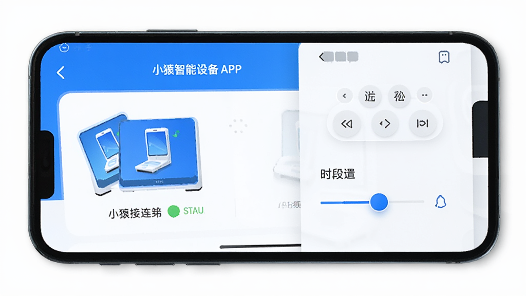 一部手机屏幕显示小猿智能设备APP的设备管理页面,画面中有清晰的设备图标和连接状态提示,旁边有虚拟的远程控制按钮和时段设置滑块,整体风格清爽简洁,蓝白配色为主,画质清晰,干净无多余元素。