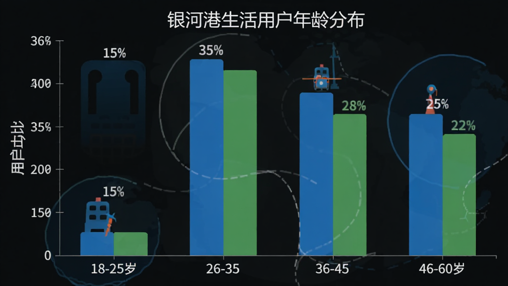 银河港生活用户年龄分布柱状图,横轴为年龄段18-25岁、26-35岁、36-45岁、46-60岁,纵轴为用户占比,柱状图显示26-35岁占比最高约35%,36-45岁约28%,46-60岁约22%,18-25岁约15%,图表配色以蓝色和绿色为主,风格简洁现代,画质清晰干净,无多余元素